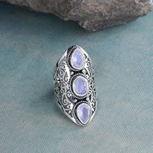 YoTreasure Moonstone Solid 925 Sterling Silver 3 Stone Ring Jewelry